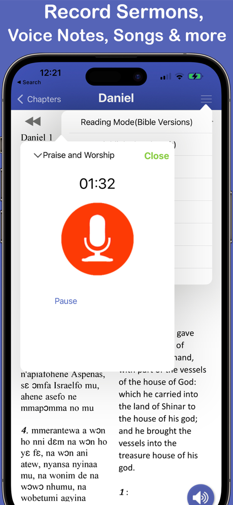 Interface showing how to record sermons and voice notes in the Twi Ga Fante and English Bible app