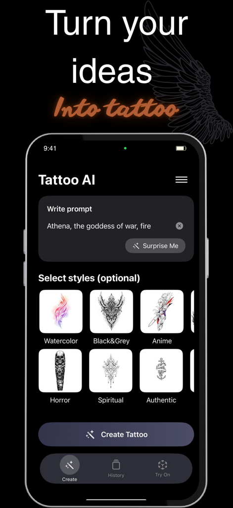 Tattoo Generator AI - Tattwist - A mobile interface for Tattoo Generator AI showing a text prompt input for an Athena tattoo and several style selection options like Watercolor and Anime.