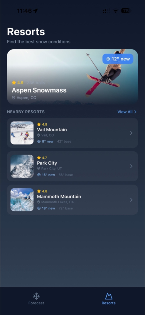 Interfaccia dell'app Snowcast UK che mostra le condizioni di neve e i dati di nevicata per varie località sciistiche.