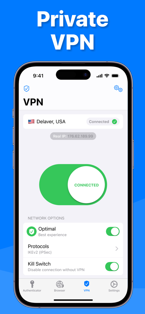 Private VPN interface in the Authenticator app showing a secure connection to a server in the USA.