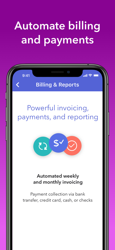 Brightwheel app screen showing automated billing and payment features for childcare providers