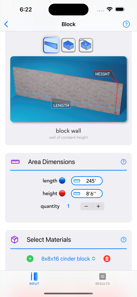 Construction Calc Pro 2 - A screenshot of the Construction Calc Pro 2 app showing the block wall material estimator with dimensions and cinder block selection.