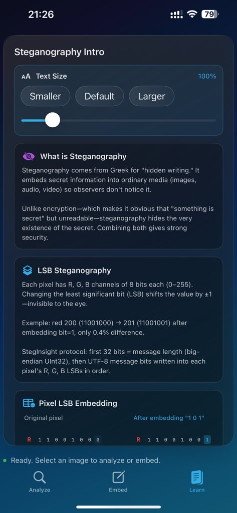 StegInsight - StegInsight app educational screen explaining steganography and LSB encoding principles.