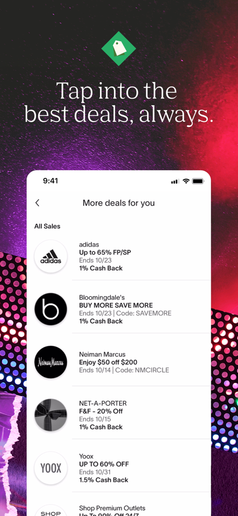 ShopStyle mobile app interface showing deals and cash back offers from popular fashion retailers.