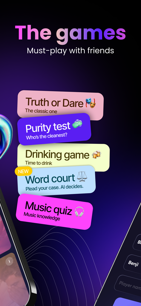 Sombre soirée - Party Games - A list of party games including Truth or Dare, Purity Test, Drinking game, Word court, and Music quiz in the Sombre Soiree app.