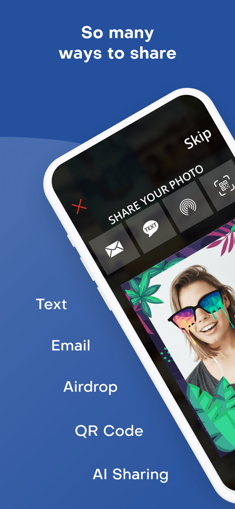 Snappic Booth - Snappic Booth app interface showing various photo sharing options including Text, Email, Airdrop, and QR Code