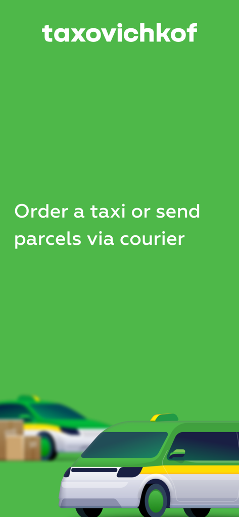 Таксовичкоф — Заказ такси - Taxovichkof アプリのスプラッシュスクリーン。タクシー予約および宅配便サービスを強調表示しています。