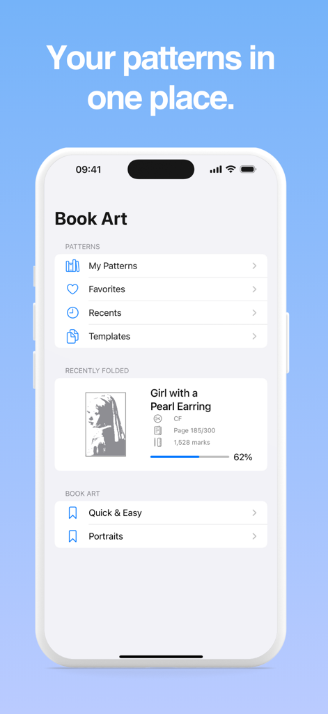 Book Art Pattern Maker - Book Art app screen displaying a library of folding patterns and current project progress.