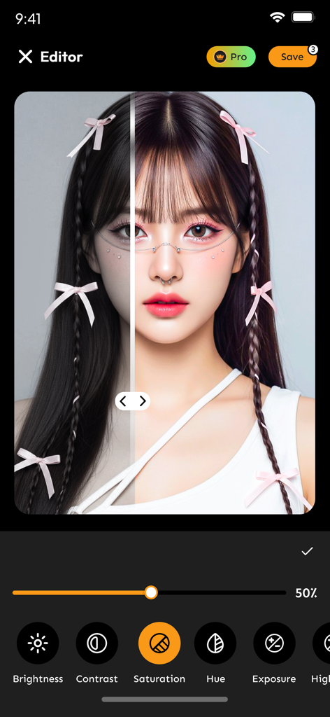 AI Face Swap - New Look - AI Face Swap app editor interface showing a before and after comparison of an aesthetic portrait being enhanced with color adjustment tools