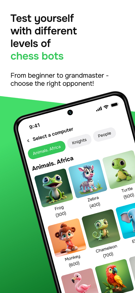 Mobile app screen showing a selection of animal themed chess bots for different skill levels