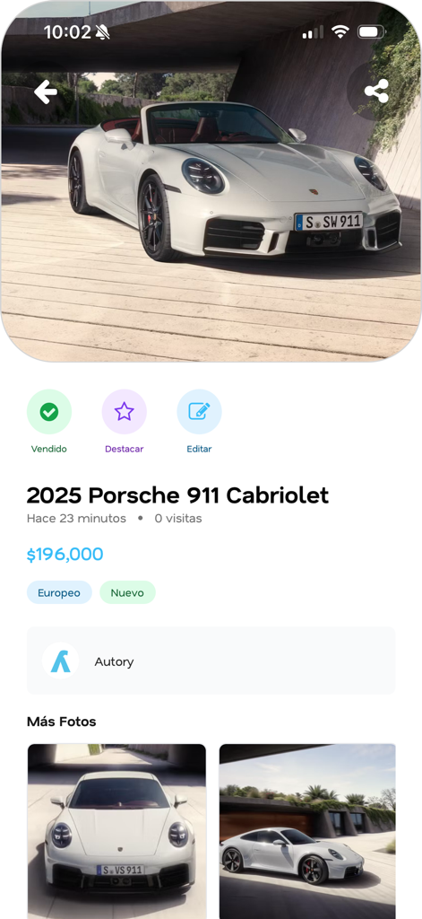 Autory - Autoryマーケットプレイスで白い2025年ポルシェ911カブリオレの車両リストを表示するモバイルアプリ画面。