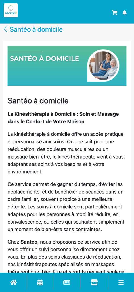 SANTEO - Sport Santé Bien-être - Mobile App-Bildschirm für SANTEO, der häusliche Physiotherapie- und Wellness-Pflegedienste beschreibt.