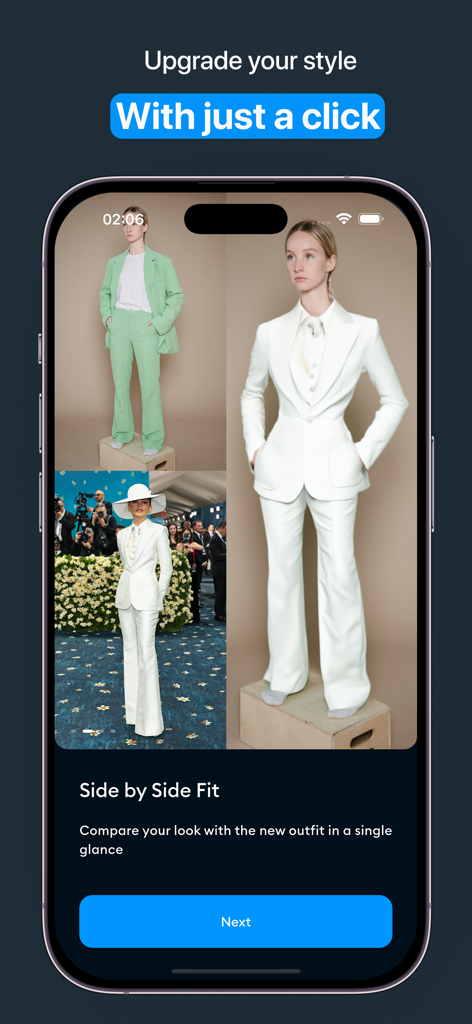 A mobile app interface displaying a side-by-side comparison of a user photo and an AI-generated virtual outfit try-on.