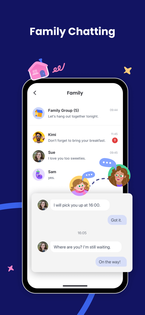 Parental Control App: AirDroid - Interface of the AirDroid Parental Control app showing the family chatting feature with messages between a parent and child.