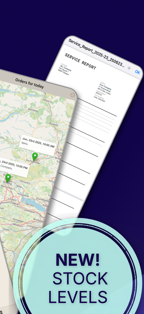 Mobile App-Bildschirme, die Serviceauftragspositionen auf einer Karte und einen digitalen Servicebericht zeigen.