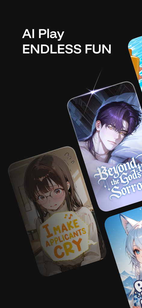 Hey.D : AI Chat, Novel, RPG - Mobile app screen showing various anime character cards for AI chat and interactive stories.