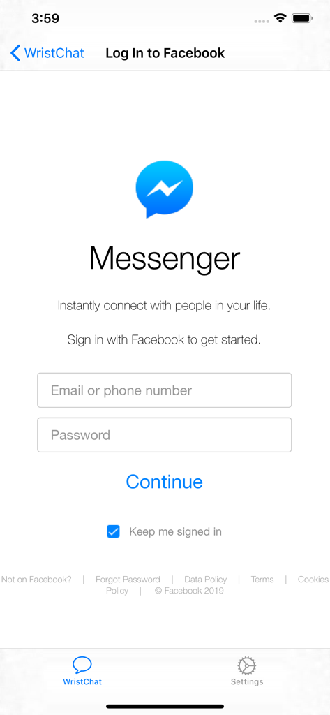 WristChat for Facebook - Messenger login interface for the WristChat for Facebook app on iPhone