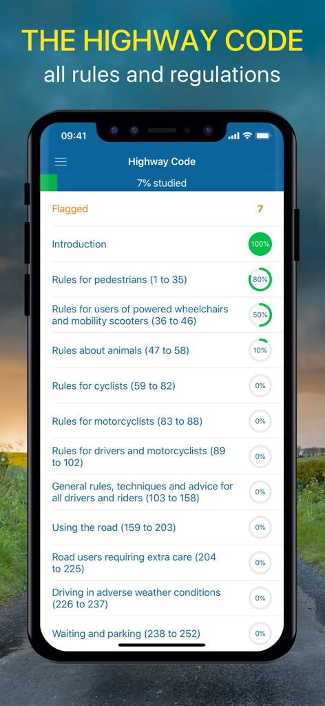 A screenshot of the Highway Code 2025 app showing a list of driving rules and study progress tracking