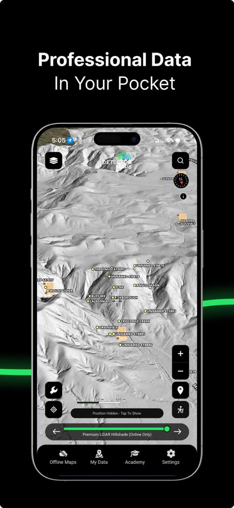 Detector Maps - Detector Maps App-Oberfläche zeigt detaillierte LiDAR-Schummerung des Geländes und Standorte von Goldminen