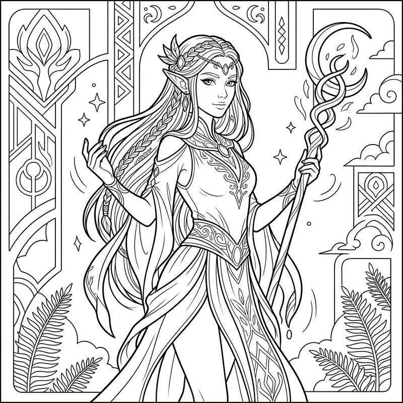 Step into an ethereal realm with this captivating High Elf coloring page, designed especially for creative teens. Explore intricate details and bring this magical fantasy character to life with your unique color palette.