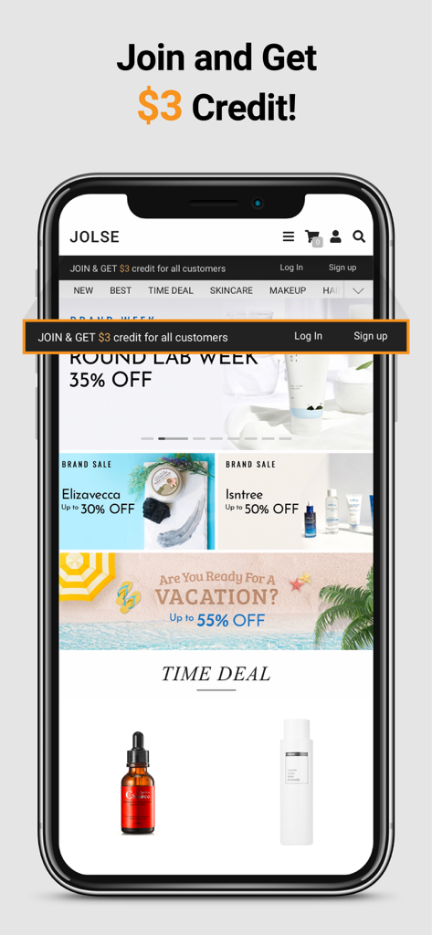 JOLSE - Page d'accueil de l'application JOLSE montrant les remises des marques de K-beauty et une offre de crédit d'inscription de trois dollars