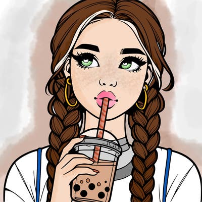 realistic girl with braided hair drinking boba