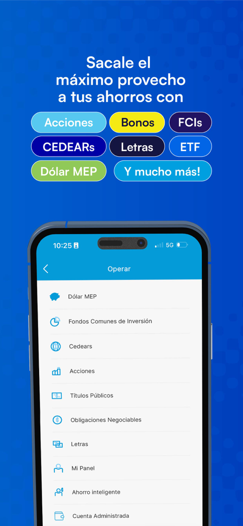 Interfaz de la aplicación móvil Quicktrade que muestra opciones de inversión como Dólar MEP y acciones