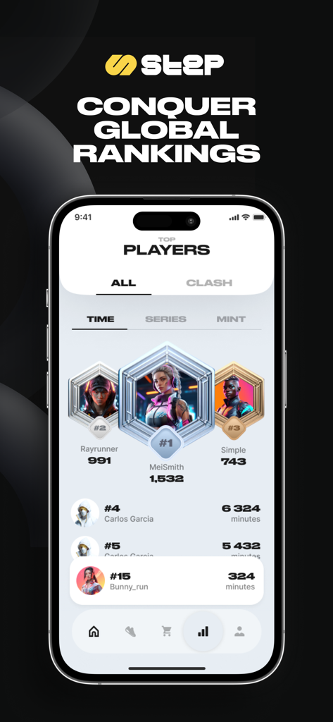 Step App: M2E Running App - Step App global rankings screen showing the top players leaderboard and fitness stats