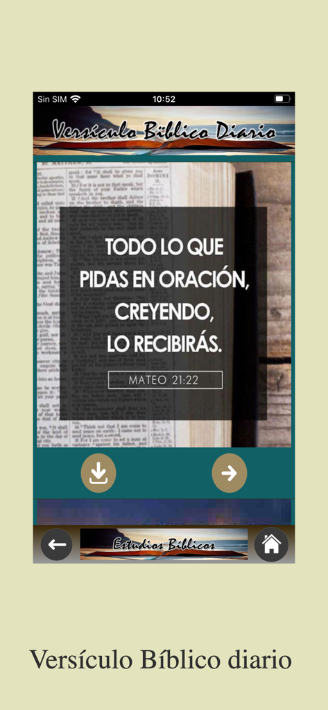 Estudios Bíblicos Evangélicos - Interfaz de versículo bíblico diario en la aplicación Estudios Bíblicos que muestra Mateo 21 22 en español