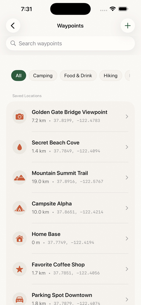 Waypointer - GPS Compass - A list of saved locations in the Waypointer GPS app showing trailheads, campsites, and city landmarks with distances and coordinates.
