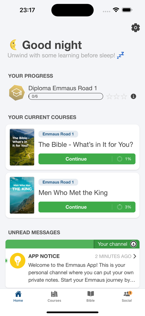 Emmaus app home screen showing Bible study course progress and current courses
