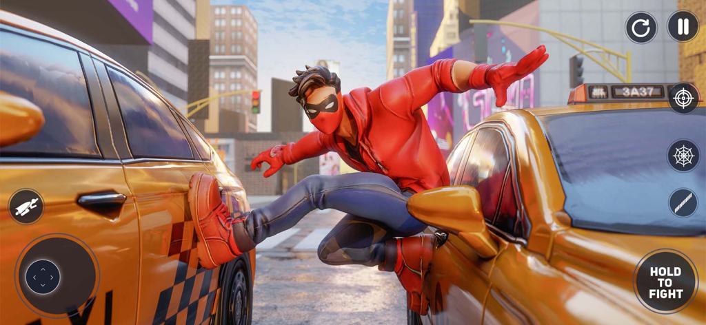 Amazing Rope Hero Spider Games - 街の環境で、2台の黄色いタクシーの間をジャンプするスーパーヒーローキャラクター。