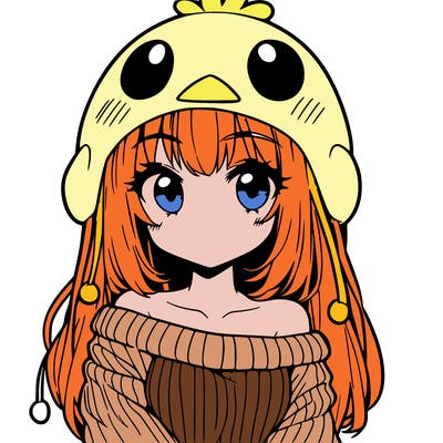 anime girl with chick shaped hat with sweater with bare shoulders with bangs covering them one eye with low tail