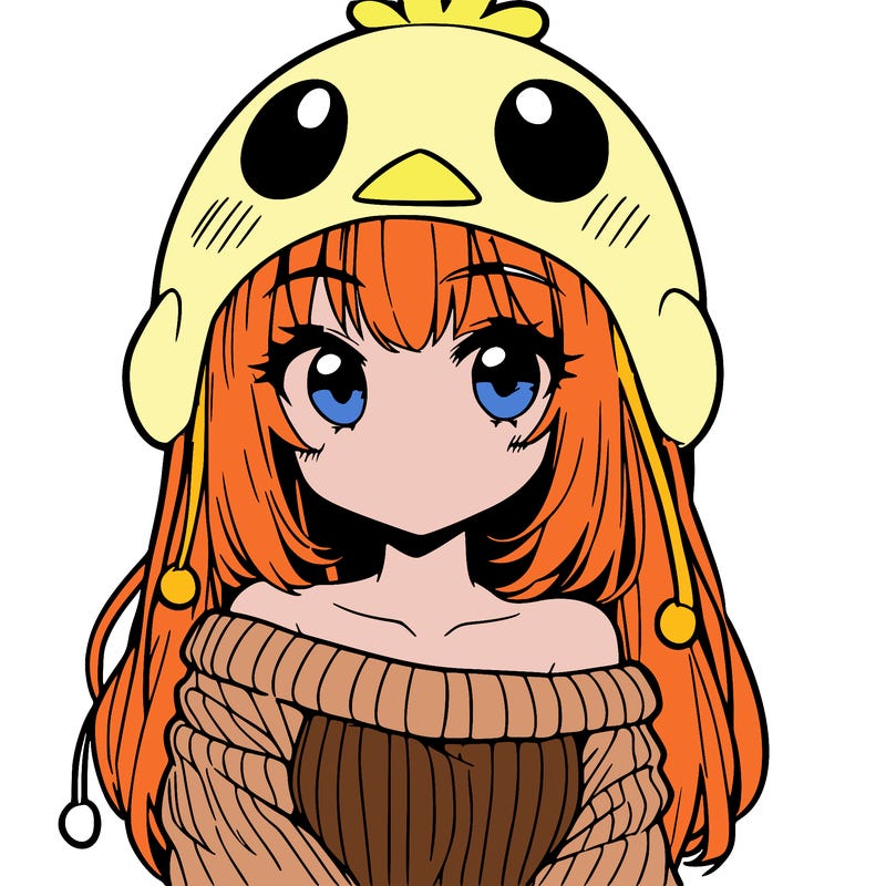 anime girl with chick shaped hat with sweater with bare shoulders with bangs covering them one eye with low tail