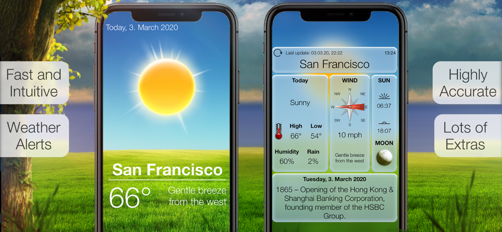 Beautiful Weather & Alerts - Beautiful Weather and Alerts app interface showing sunny forecast and detailed meteorological data on two iPhone screens