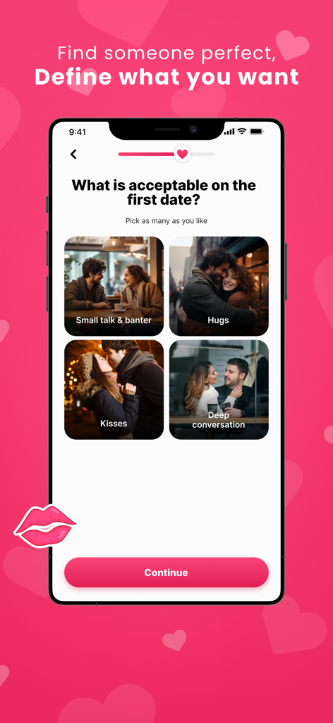 A mobile app screen from AI Dating asking what is acceptable on a first date with options for small talk, hugs, kisses, and deep conversation.