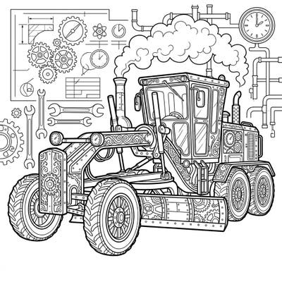 Dive into a world where heavy machinery meets fantastical Victorian engineering with this unique steampunk motor grader coloring page. This intricate design promises an engaging artistic journey for fans of industrial aesthetics and imaginative creations.