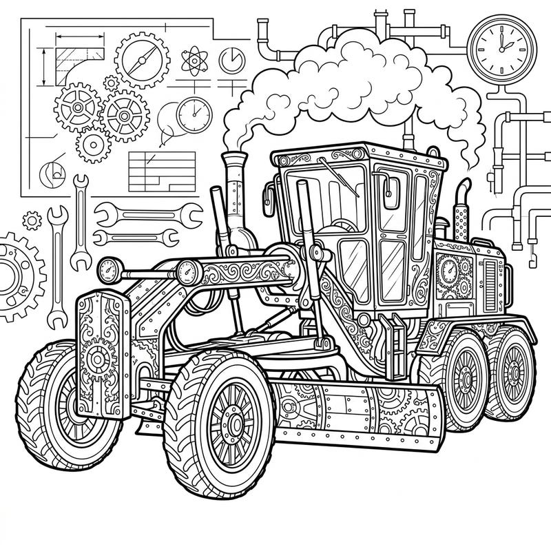 Dive into a world where heavy machinery meets fantastical Victorian engineering with this unique steampunk motor grader coloring page. This intricate design promises an engaging artistic journey for fans of industrial aesthetics and imaginative creations.