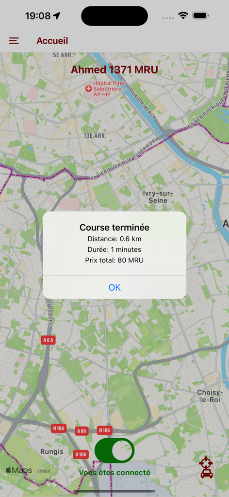 Captain Driver - Captain Driver mobile app interface showing a completed trip summary on a map background