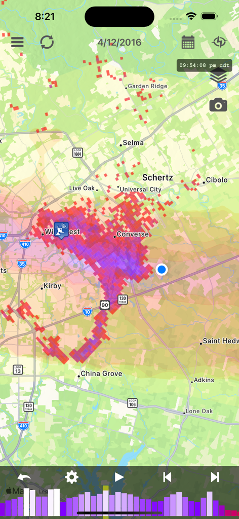 Hail Recon - A historical hail swath radar map on the Hail Recon app showing storm intensity over a specific geographic area