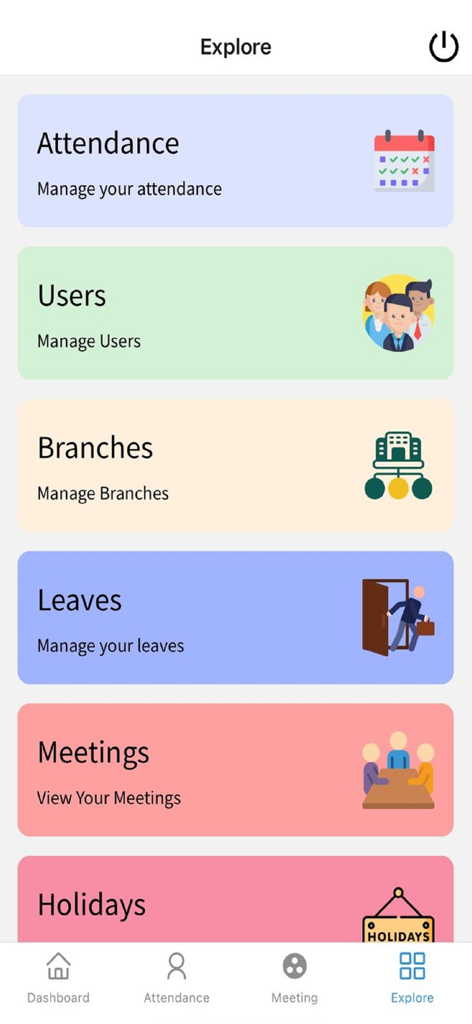 The explore menu of the Alice Attendance app showing management options for attendance, users, branches, leaves, meetings, and holidays.