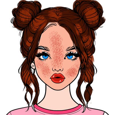 realistic girl with two buns in hair and lips