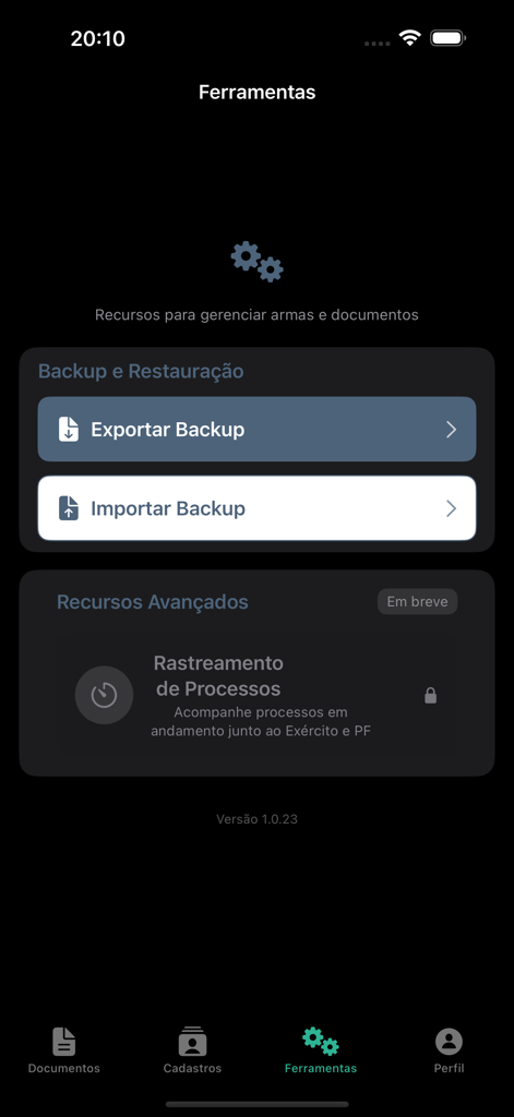 CAC App - CAC App tools screen showing options for exporting and importing document backups