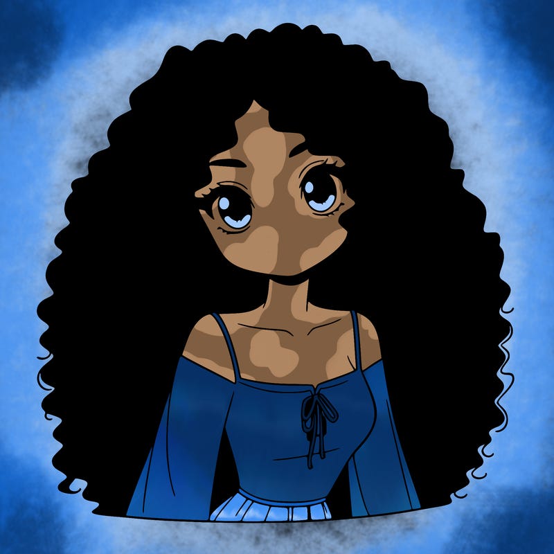 a black anime girl with long afro hair