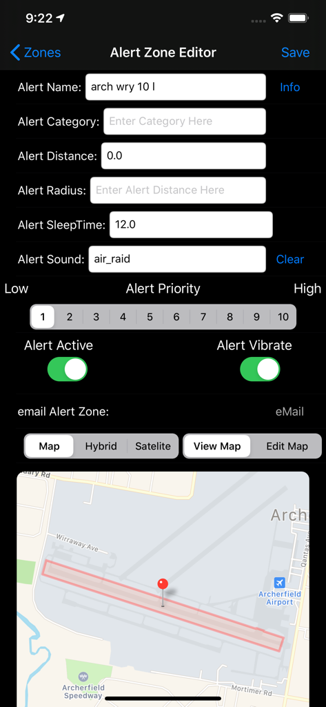 Geo Proximity Alarm - Geo Proximity Alarm app screen showing the alert zone editor with custom map and notification settings