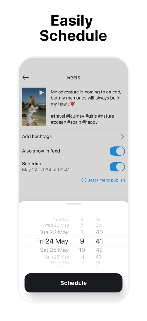 My Feed・Grid Preview & Planner - Interface for scheduling Instagram Reels and posts with a date picker