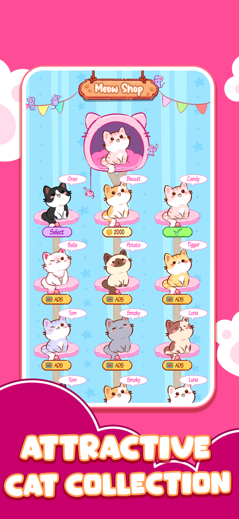 Cat World Music Game - Meow Shop screen in Cat World Music Game showing a collection of various cute cartoon cats to unlock