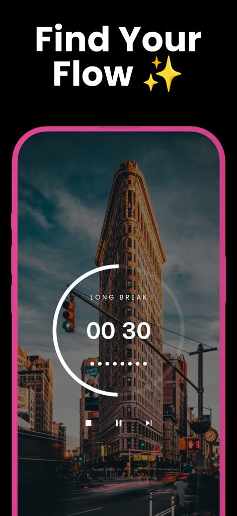 Pomo: Pomodoro Timer - Pomo app interface showing a 30 minute long break timer with a scenic city background and minimalist design.