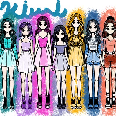 seven realistic girls standing up next to each other