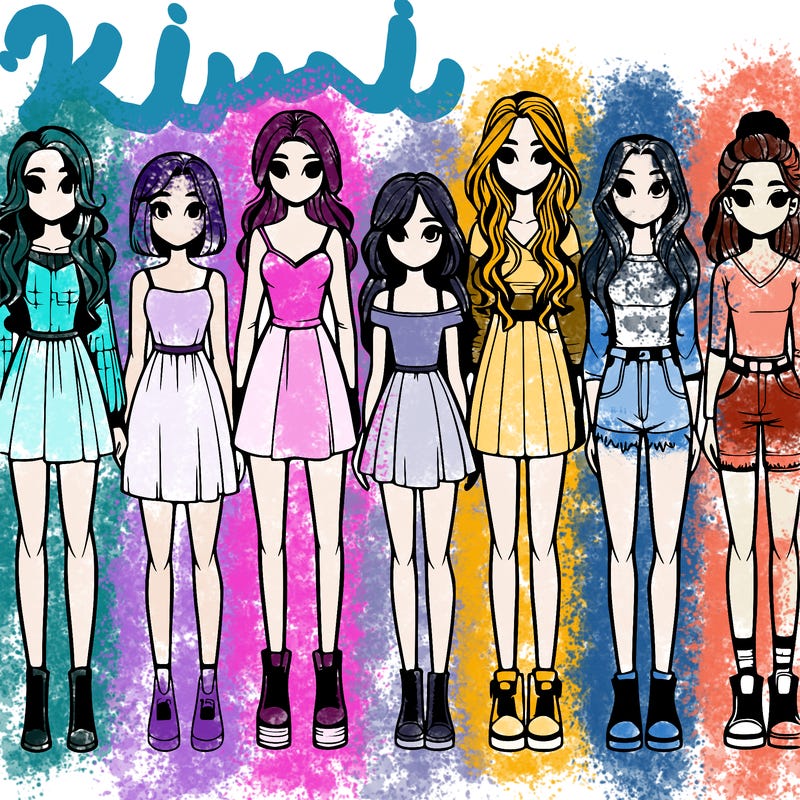 seven realistic girls standing up next to each other